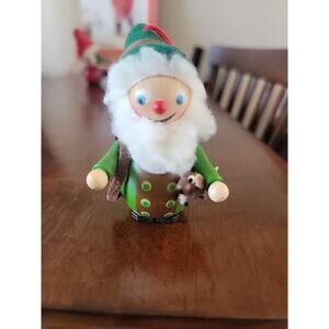 Vtg Steinbach Volkskunst Wood Christmas Ornament Puppy Hunter Gun Green Elf